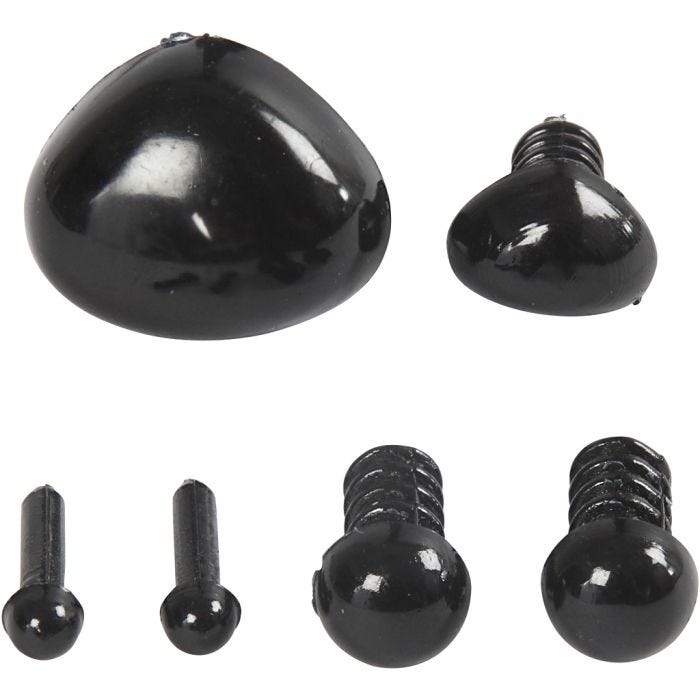 Yeux et museaux pour le modelage, 3+6 mm, 8x6+14x11 mm, noir, 20set/ 1 Pq.