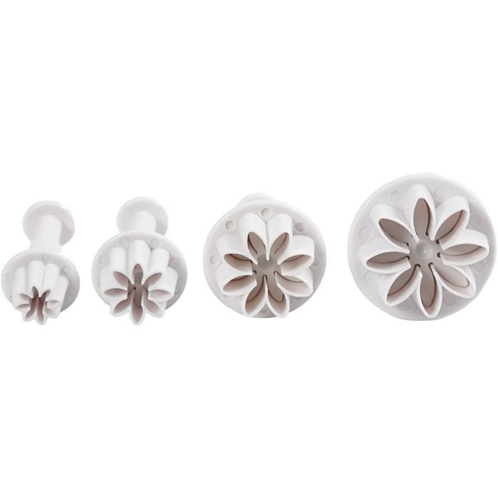 Emporte-Pièces avec Tampon, fleurs, d 2,3+2,8+3,6+4,4 cm, blanc, 4 pièces/ 1 Pq.