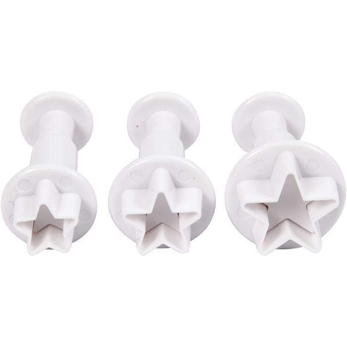 Emporte-Pièces avec Tampon, étoile, d 2,1+2,3+2,6 cm, blanc, 3 pièces/ 1 Pq.