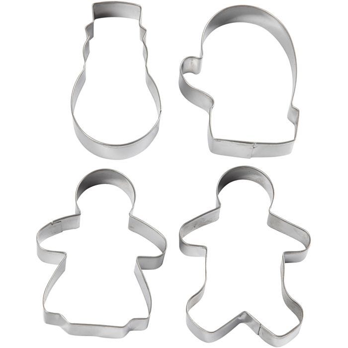 Emporte-pièces, bonhomme de neige, gant, bonhommes pain d'épice femme et homme, H : 8 cm, 4 pièces/ 1 Pq.