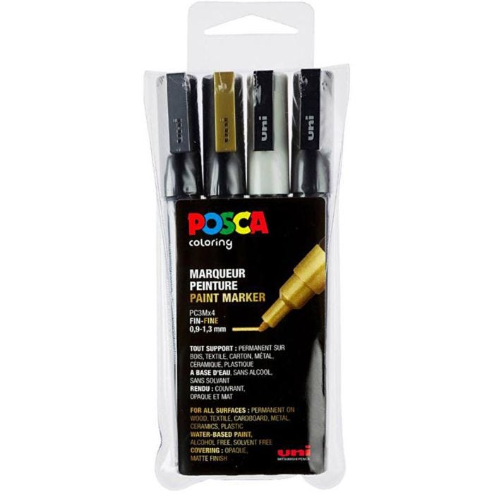 Coffret de Feutres Posca, PC-3M, dim. PC-3M, noir, or, argent, blanc, 4 pièces/ 1 Pq.