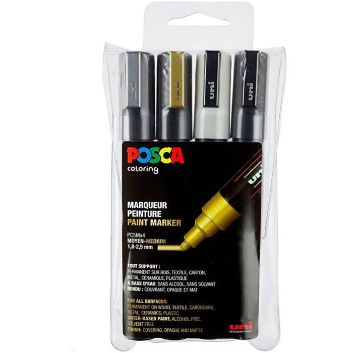 Coffret de Feutres Posca, PC-5M, noir, or, argent, blanc, 4pièces/ 1 Pq.