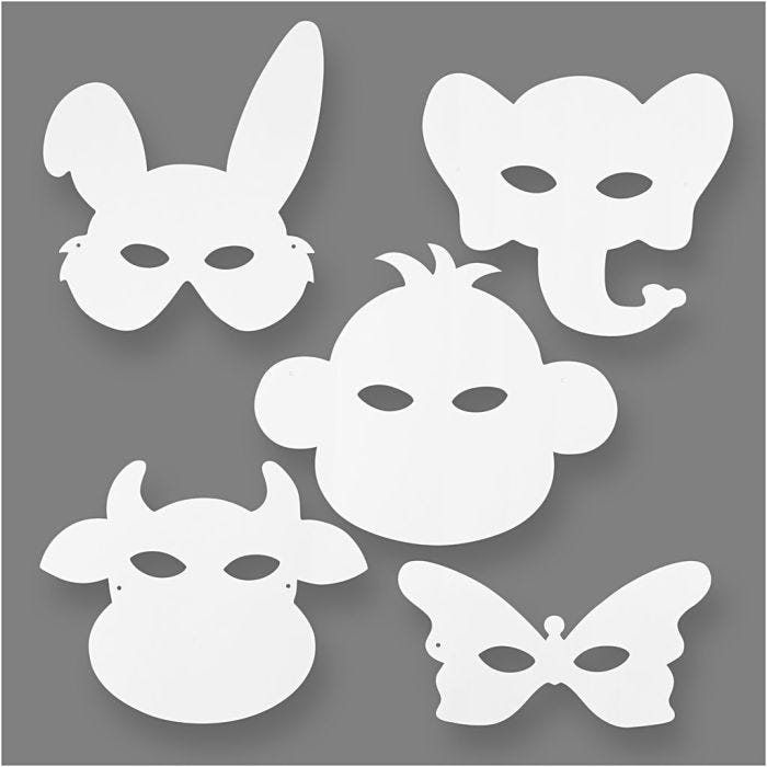 Masques d'animaux, H : 13-24 cm, L : 20-28 cm, 230 gr, blanc, 16pièces/ 1 Pq.