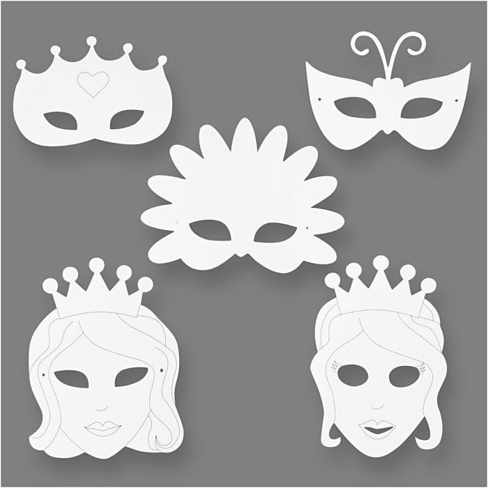 Masques conte de fée, H : 13,5-25 cm, L : 17-25 cm, 230 gr, blanc, 16 pièces/ 1 Pq.