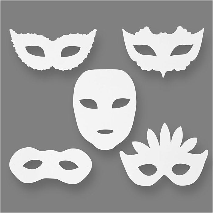 Masques de théâtre, H : 8,5-19 cm, L : 15-20,5 cm, 230 gr, blanc, 16pièces/ 1 Pq.