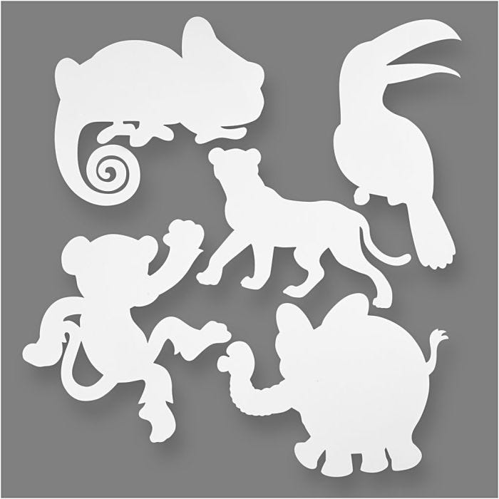 Animaux de la jungle, H : 14-25 cm, L : 12-23 cm, 230 gr, blanc, 16 pièces/ 1 Pq.