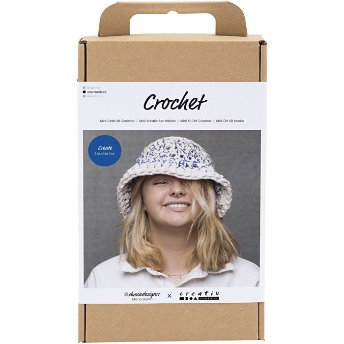 Kit DIY Crochet, Bob en laine épaisse, bleu, naturel clair, jaune, 1 Pq.