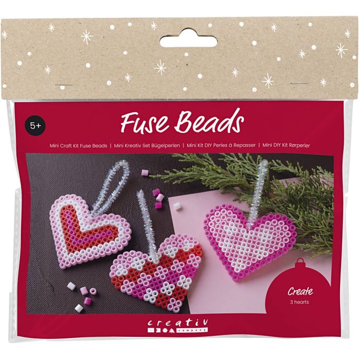 Mini Kit DIY Perles à repasser, Cœurs de Noël, rose, rose clair, rouge primaire, blanc, 1 Pq.