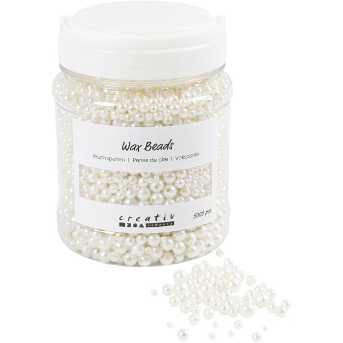Perles de cire, d 3-8 mm, diamètre intérieur 1,3-2,5 mm, ca. 5000, nacré, 430 gr, 700 ml/ 1 boîte