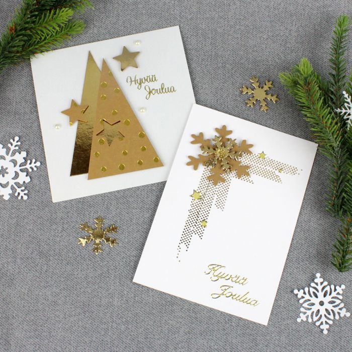 Nahkapaperikoristeita joulukorteissa