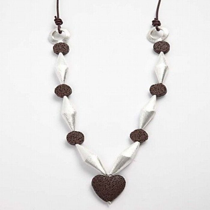 A Necklace with Lava, Silver and Leather