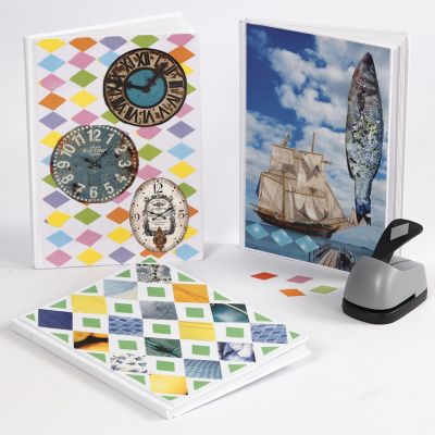 Un livre décoré d'un collage avec du papier Color Bar et des magazines