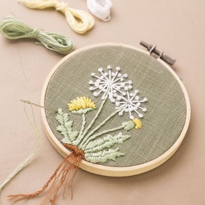 Cadre de broderie décoré d'un pissenlit brodé