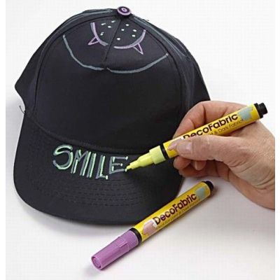 Caps decorated with Neon Fabric Markers