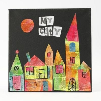 Une toile noire avec un collage fait de papier journal coloré