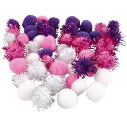 Pompons, d 15+20 mm, violet, rose clair, blanc, 48 pi&egrave;ces/ 1 Pq.