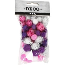 Pompons, d 15+20 mm, violet, rose clair, blanc, 48 pièces/ 1 Pq.