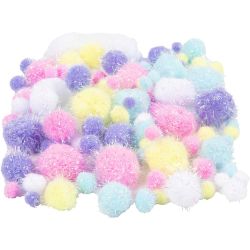 Pompons, d 15-40 mm, paillettes, ca. 75 pi&egrave;ce, couleurs pastel, 62 gr/ 1 Pq.