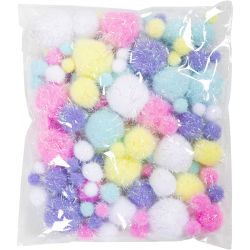 Pompons, d 15-40 mm, paillettes, ca. 75 pièce, couleurs pastel, 62 gr/ 1 Pq.