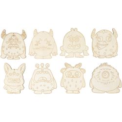 Figurines en bois, Monstres, H : 12,4 cm, &eacute;p. 3 mm, 8 pi&egrave;ces/ 1 Pq.
