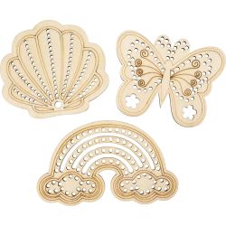 Forme en bois avec trous, Arc-en-ciel, coquille, papillon, dim. 7,5-13 cm, 6 pi&egrave;ces/ 1 Pq.
