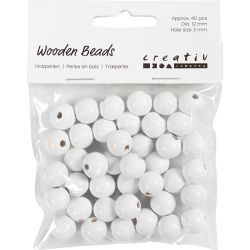 Perles en Bois, d 12 mm, diamètre intérieur 3 mm, ca. 40 pièce, blanc, 22 gr/ 1 Pq.
