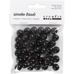 Perles en Bois, d 12 mm, diamètre intérieur 3 mm, ca. 40 pièce, noir, 22 gr/ 1 Pq.