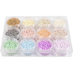 Perles de rocaille, d 3 mm, dim. 8/0, diamètre intérieur 0,6-1,0 mm, couleurs pastel, 12x17 gr/ 1 Pq.
