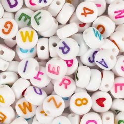 Perles lettres, dim. 7 mm, diam&egrave;tre int&eacute;rieur 1,2 mm, ca. 200 pi&egrave;ce, blanc, 25 gr/ 1 Pq.