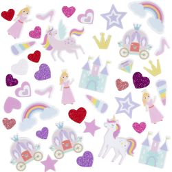 Autocollants en mousse, C&oelig;ur, princesse, licorne, autocollant, dim. 13-50 mm, harmonie violet/rose, 150 pi&egrave;ces/ 1 Pq.