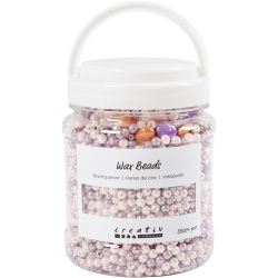 Perles de cire, diamètre intérieur 1,3-2,5 mm, ca. 5500 pièce, orange pastel, rose clair, mauve clair, nacré, 425 gr, 700 ml/ 1 boîte