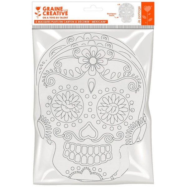 6 masques plats en carton à colorier - Calavera mexicaine - Photo n°1