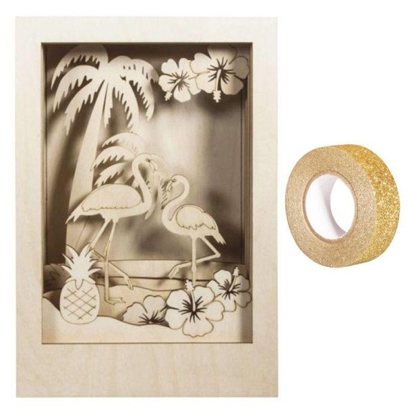 Cadre bois à motif 3D Flamant 20 x 30 cm + masking tape doré à paillettes 5 m - Photo n°1