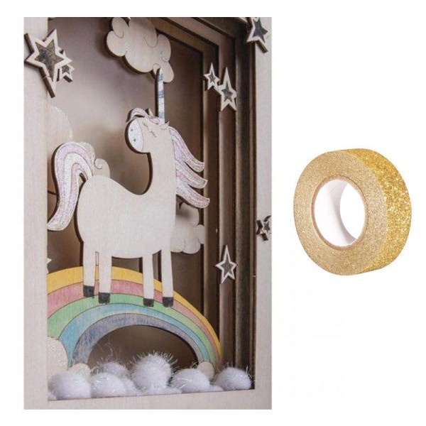 Cadre bois à motif 3D Licorne 20 x 30 cm + masking tape doré à paillettes 5 m - Photo n°2