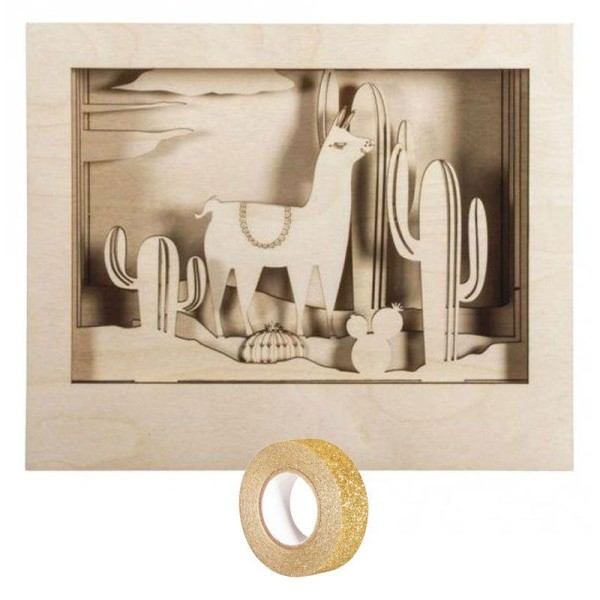 Cadre bois à motif 3D Lama 24 x 20 cm + masking tape doré à paillettes 5 m - Photo n°2