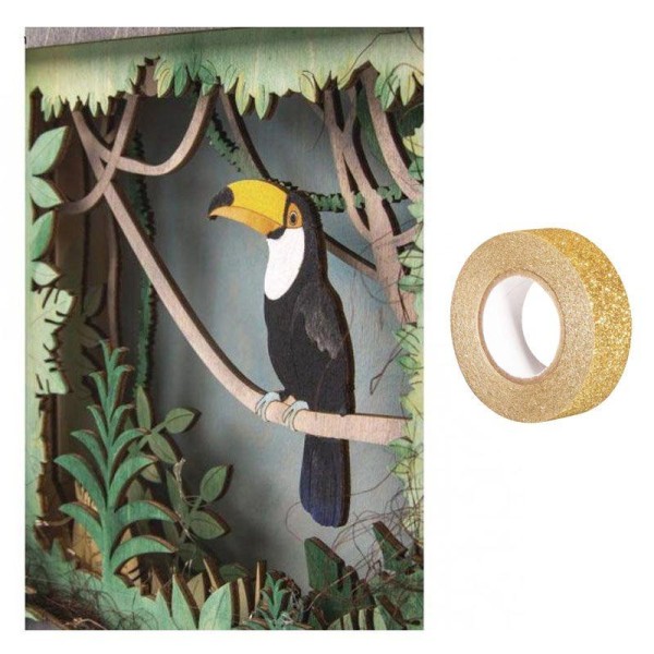 Cadre bois à motif 3D Toucan 24 x 24 cm + masking tape doré à paillettes 5 m - Photo n°1