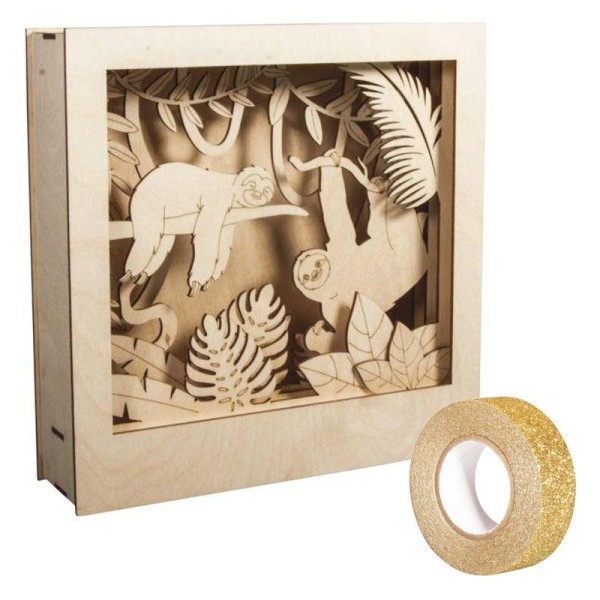 Cadre bois à motif 3D Paresseux 24 x 24 cm + masking tape doré à paillettes 5 m - Photo n°2
