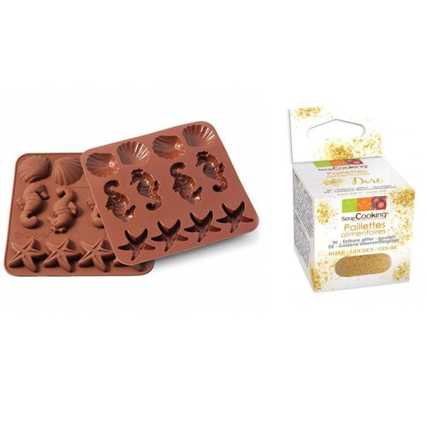 Moule en silicone chocolats Vie sous-marine + paillettes dorées - Photo n°1