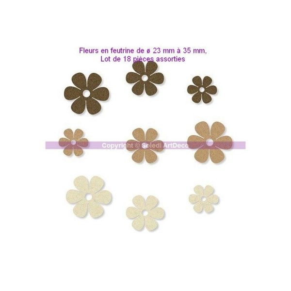 Fleurs en feutrine 3 teintes de Brun, de ø 23 à 35 mm, Lot de 18 pces assorties - Photo n°1