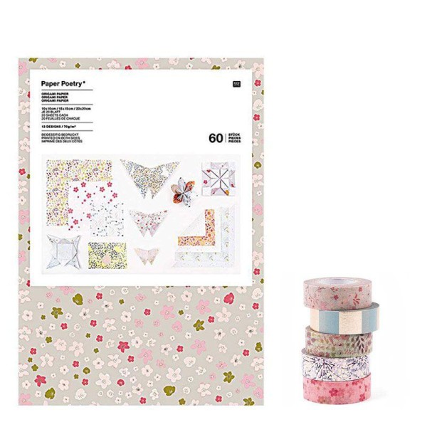 60 feuilles pour origami + 5 masking tapes 10 m - Bouquet floral sauvage - Photo n°1