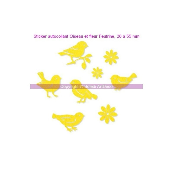 Sticker autocollant Oiseau et fleur Feutrine jaune, 20 à 55 mm, 8 pces assorties - Photo n°1