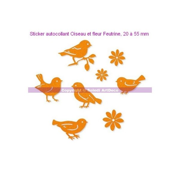Sticker autocollant Oiseau - fleur Feutrine Orange, 20 à 55 mm, 8 pces assorties - Photo n°1