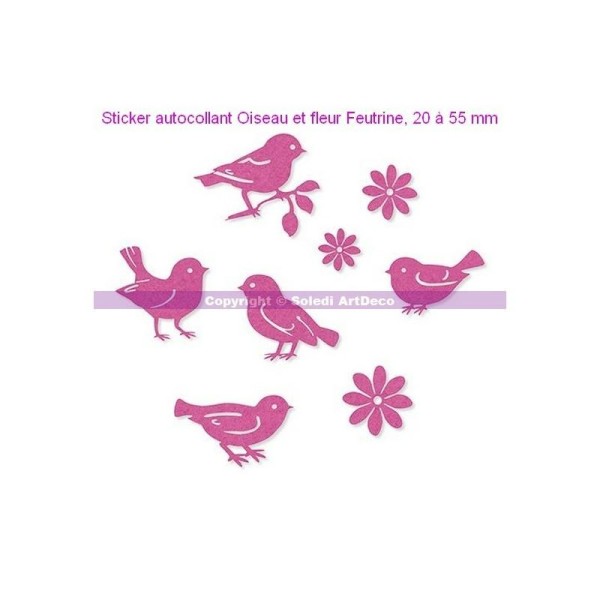 Sticker autocollant Oiseau et fleur Feutrine Rose, 20 à 55 mm, 8 pces assorties - Photo n°1