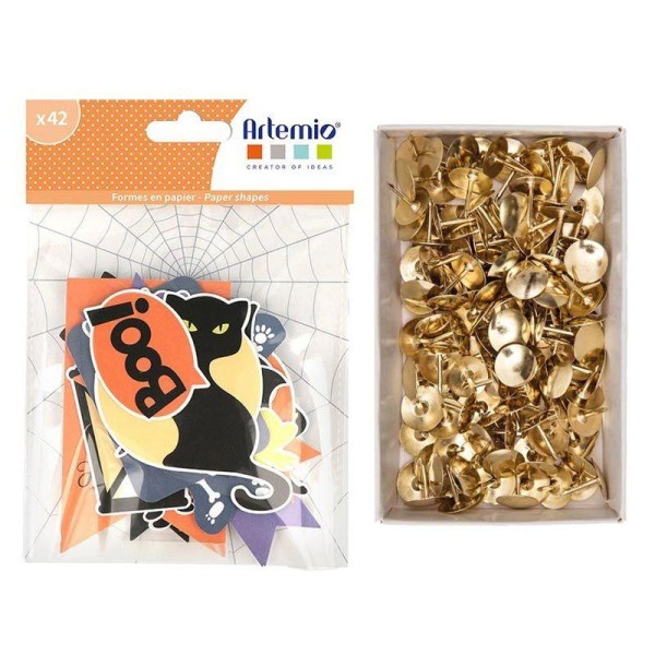 42 formes découpées papier Halloween + 150 punaises dorées - Photo n°1