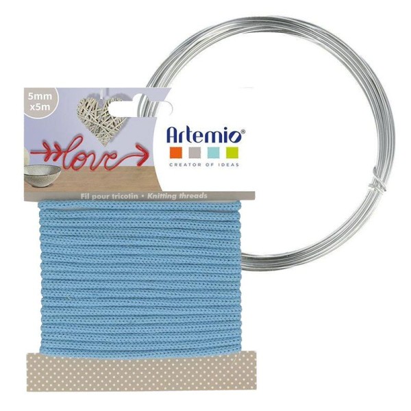 Fil à tricotin bleu ciel 5 mm x 5 m + fil d'aluminium - Photo n°1