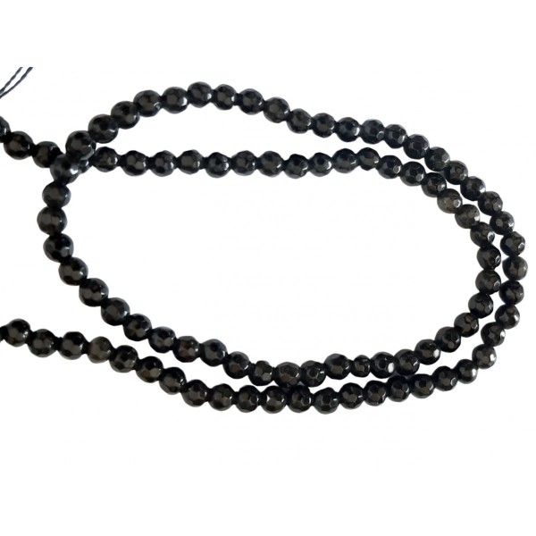 Fil de 90 perles facettées rondes 4mm 4 mm en obsidienne noire à facettes - Photo n°2