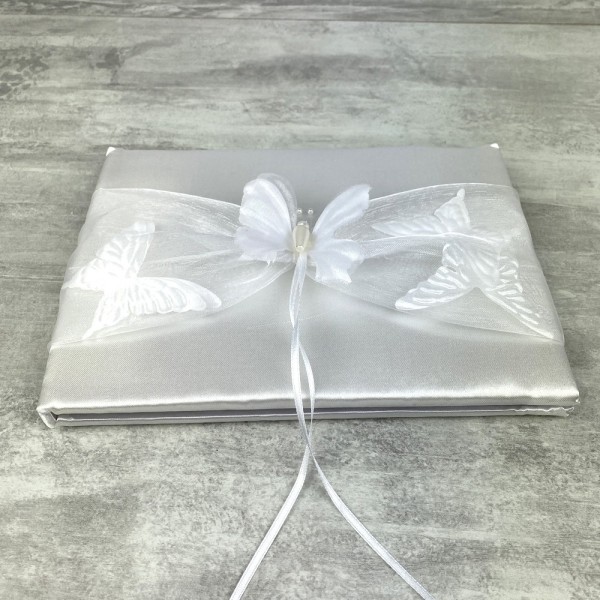 Livre d'Or de Mariage en satin blanc et tulle, 21 cm, Album Photo avec papillons - Photo n°1