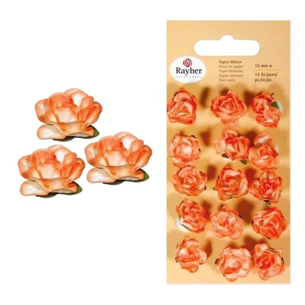 Lot de 15 Têtes de Rose adhésives, 1,5 cm, orange, Bouton de rose de 15 mm en papier - Photo n°1
