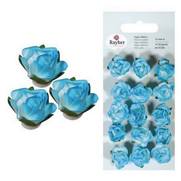 Lot de 15 Têtes de Rose adhésives, 1,5 cm, turquoise, Bouton de rose de 15 mm en papier - Photo n°1
