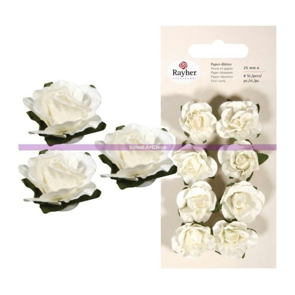 Lot de 8 Têtes de Rose blanches, Grand bouton de rose de 25 mm de diamètre - Photo n°1